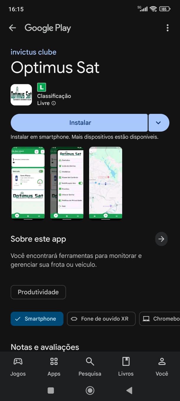 Tela do aplicativo Optimus Sat